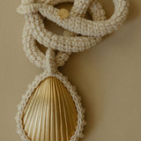 100% cotton hand crocheted necklace with gold-plated bronze seashell pendant